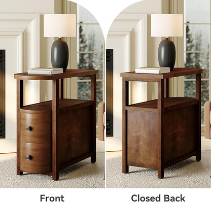 LITTLE TREE Solid Wood End Table Set 2 with 2 Drawers & Open Shelf, No Assembly Required Side Table for Living Room, Vintage Brown Couch Side Tables, Slim Bedside Table Nightstand for Bedroom