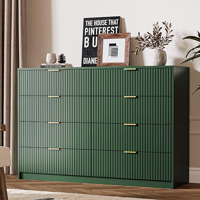 3-Piece Dresser Bedroom Set, 8 Drawer Dresser & 3 Drawer Nightstands with Gold Handles, Fluted Wood Chest of Drawers for Bedroom, Living Room, Entryway, Green