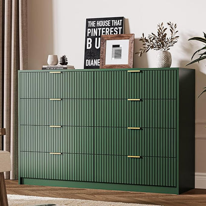 3-Piece Dresser Bedroom Set, 8 Drawer Dresser & 3 Drawer Nightstands with Gold Handles, Fluted Wood Chest of Drawers for Bedroom, Living Room, Entryway, Green