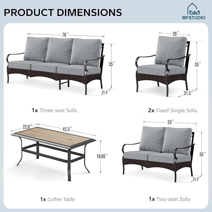 MFSTUDIO 5 PCS Outdoor Patio Furniture Set, Metal Outdoor Conversation Set, Rattan Wicker Patio Sectional Sofa Set with 2 x Fixed Single Sofa, 2-Seat and 3-Seat Sofa, 1 x Coffee Table, Grey