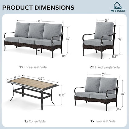 MFSTUDIO 5 PCS Outdoor Patio Furniture Set, Metal Outdoor Conversation Set, Rattan Wicker Patio Sectional Sofa Set with 2 x Fixed Single Sofa, 2-Seat and 3-Seat Sofa, 1 x Coffee Table, Grey