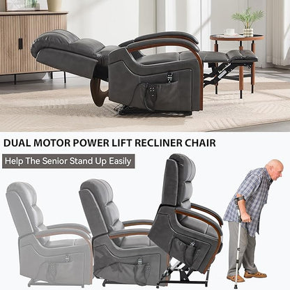 Dual Motor Recliner Lift Chair with Heat and Massage, Heavy Duty Leather Power Lift Recliner Chair Idea Gifts for Seniors, Stand Assistance, Grey