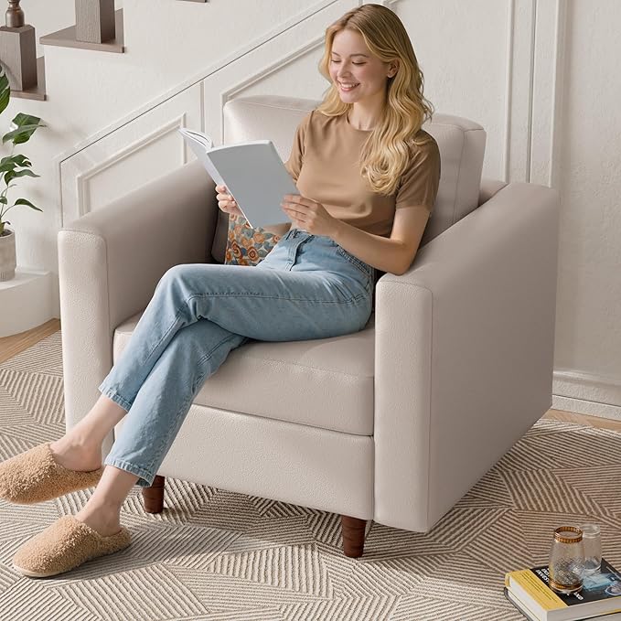 ABCASA Faux Leather Oversized Accent Chair with Storage Deep Seat Single Sofa Large Reading Armchair for Living Room Bedroom Office Whitesand