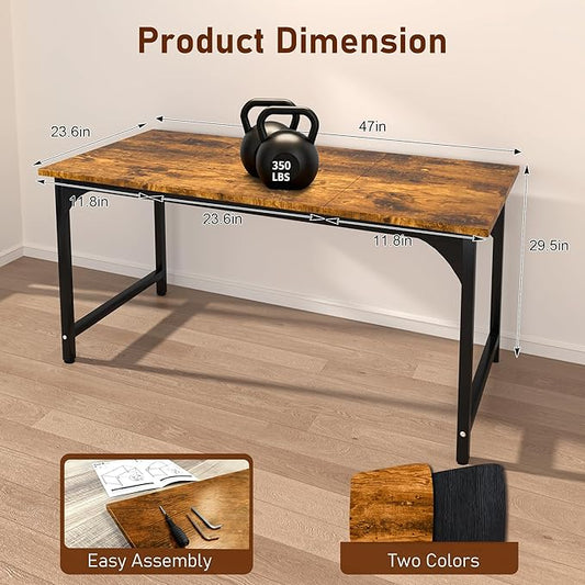 StarGraph Home Office Desks 47 Inch Large Office Desk with Sturdy Metal Frame Modern Computer Desk Gaming Study Writing Work from Home Desks, Rustic Brown