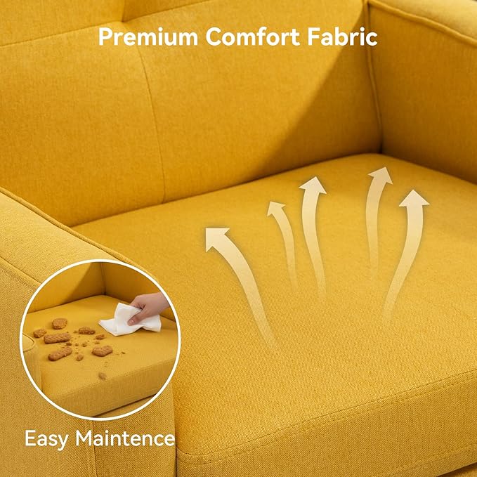 Mid Century Accent Chair, Fabric Modern Chair with Wooden Frame, Cozy Armchair Reading Chair with Comfy Back for Apartment, Living Room, Bedroom, Waiting Room, Small Space, Corner, Yellow