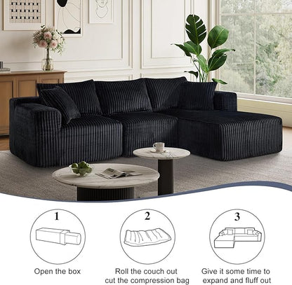 102" Modern Modular Sectional Sofa,Cloud Sectional Couch with Chaise,Deep Seat Boneless Sofa,Comfy Upholstered L-Shape Couch for Living Room,No Assembly Required,Black