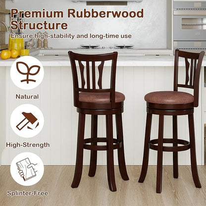 COSTWAY 30" Bar Height Stools Set of 2, Swivel High-Top Chairs with Backrest & Faux Leather Padded Seat, Rubber Wood Counter Barstools with Footrest for Kitchen Islands, Dining Room, Pub (2,30'')