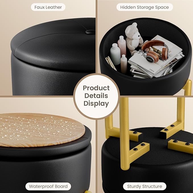18-Inch Leather Vanity Stool Chair with Storage, Vanity Bench with 4 Golden Metal Legs & Anti-Slip Adjustable Feet,Round Storage Ottoman Stool with Removable Soft Padded Seat, Black
