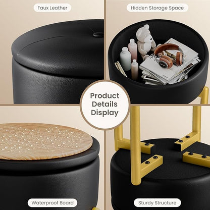 18-Inch Leather Vanity Stool Chair with Storage, Vanity Bench with 4 Golden Metal Legs & Anti-Slip Adjustable Feet,Round Storage Ottoman Stool with Removable Soft Padded Seat, Black