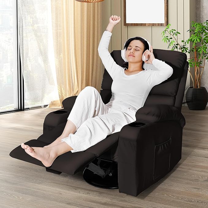 Rocking Recliner Chair, Massage Rocker Recliner Chair with Vibration Massage and Heat,360° Swivel Recliner Chairs, Living Room, Bedroom, Nursery, RV, Brown