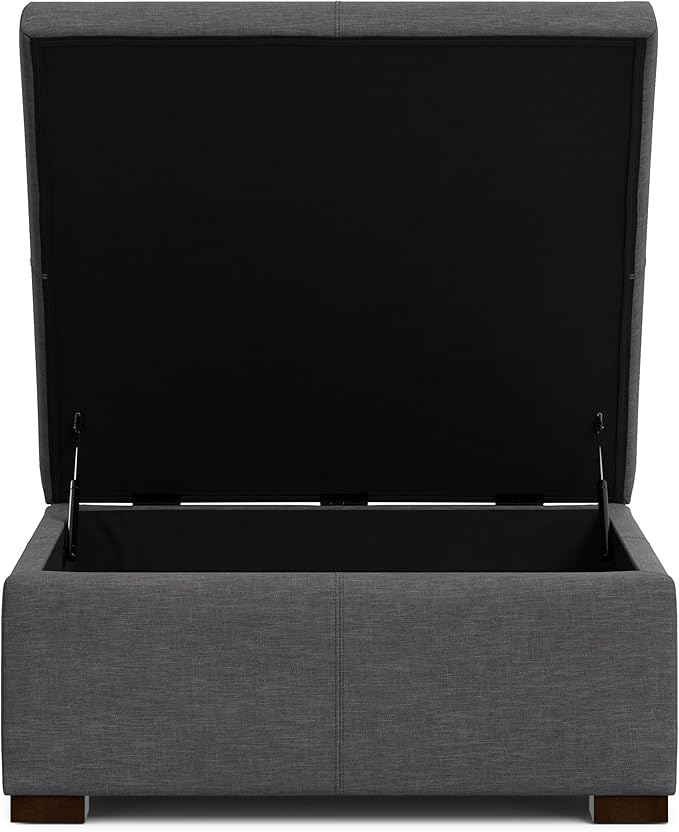 SIMPLIHOME Gabbie 36 inch Wide Contemporary Square Square Coffee Table Storage Ottoman in Slate Grey Polyester Linen, Assembled, for The Living Room, Entryway and Family Room