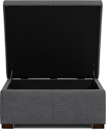 SIMPLIHOME Gabbie 36 inch Wide Contemporary Square Square Coffee Table Storage Ottoman in Slate Grey Polyester Linen, Assembled, for The Living Room, Entryway and Family Room