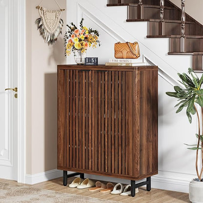 Tribesigns 6-Tier Shoe Cabinet with Shutter Doors, Large Wooden Shoe Organizer Rack with Adjustable Shelves, Modern Farmhouse Hidden Storage Furniture for Entryway, Hallway (Walnut)