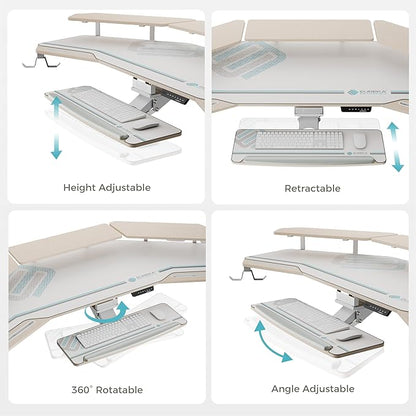 EUREKA ERGONOMIC Standing Desk with Keyboard Tray, Large Music Studio Gaming Desk, Wing Shaped Sit Stand Table 72'', LED Convertible Shelves, Dual Motor&Slot, Maple
