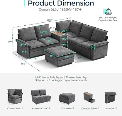 LINSY HOME Modular Sectional Couch Set, 99.7" V Shaped Cloud Sofa with Versatile Console, Chenille 5 Seater Sofa Set for Living Room, Apartment, Office, Green
