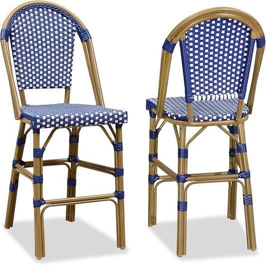 PURPLE LEAF French Counter Height Bar Stool Set of 2 25" Bamboo Print Finish Patio Bar Chairs with Back Rattan Bar Chairs French Bistro Set for Kitchen Outdoor Counter Stool Royal Blue