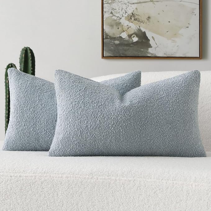 FUTEI Pack of 2 Dusty Blue Decorative Throw Pillow Covers 12x20 Inch Soft Cozy Solid Boucle Textured Lumbar Pillow Cases,Modern Home Decor for Couch Bed Living Room