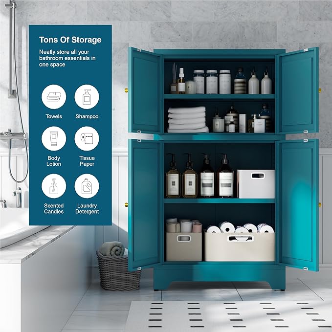 Bathroom Floor Storage Cabinet,Metal Accent Cabinets with 4 Doors and 2 Adjustable Shelves,Blue Storage Cabinets Organizer for Pantry Kitchen,Living Room,Hallway, Restroom
