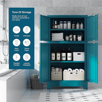 Bathroom Floor Storage Cabinet,Metal Accent Cabinets with 4 Doors and 2 Adjustable Shelves,Blue Storage Cabinets Organizer for Pantry Kitchen,Living Room,Hallway, Restroom