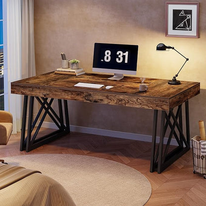Tribesigns 63-Inch Executive Desk, Farmhouse Office Computer Desk with Sturdy X-Shaped Legs, Large Writing Table Business Furniture Workstation for Home Office, Study (Rustic Brown & Black)