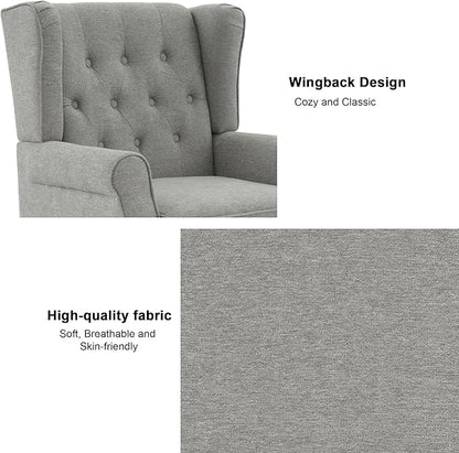 Accent Chair, Upholstered Armchair with Button Tufted High Back & Solid Wood Legs, Comfy Wingback Reading Single Sofa Chair for Small Spaces, Living Room, Bedroom (Grey, Set of 1)