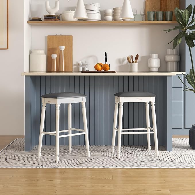 COSTWAY Upholstered Bar Stools Set of 4, 29-Inch Backless Counter Height Dining Stools with Delicate Wood Carving, Footrest, Solid Rubber Wood Frame, Farmhouse BarStools for Kitchen Island Bar, White