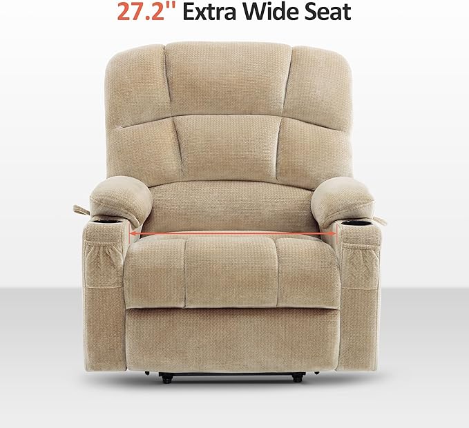 MCombo Oversized Dual Motor Power Lift Recliner Chair Sofa with Massage and Heat for Big Elderly People, Infinite Position, USB Ports, Fabric R7688 (Beige, Large-Oversize)
