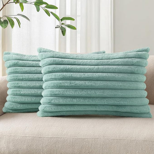 Pallene Faux Fur Plush Lumbar Throw Pillow Covers 12x20 Set of 2, Luxury Soft Fluffy Striped Decorative Pillow Covers for Sofa, Couch, Living Room, Aqua