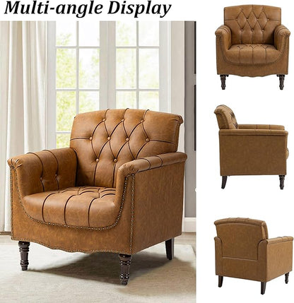 Faux Leather Accent Chair, PU Leather Modern Comfy Upholstered Armchair with Wood Legs & Nailhead Trim for Living Room, Bedroom (Camel,Set of 2)