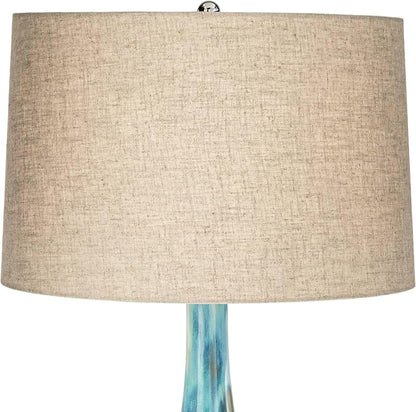 Possini Euro Design Kenya Modern Tropical 3-Way Table Lamp with Dimmer 29 1/2" Tall Blue Green Glaze Ceramic Beige Linen Drum Shade for Bedroom Living Room House Home Bedside Nightstand Office