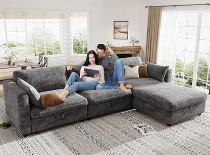 KKL Modular Sectional Oversize Sofa with Adjustable Backrest, 113" L Shaped Couches for Living Room, Down Filled Sectional Sofa Couch with Storage Ottoman Chenille, Grey