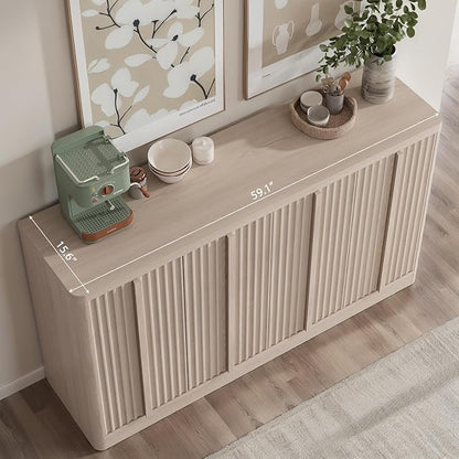Fluted Buffet Cabinet with Storage, 60"Sideboard Buffet Cabinet with 4 Door-Modern Credenza Storage Cabinets with Adjustable Shelves, Solid Wood Handles for Kitchen Living Room, White Alder(1PC)