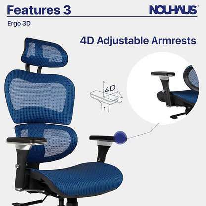 Nouhaus Ergo3D Ergonomic Office Chair Lumbar Support Mesh Office Chair with 4D Adjustable Armrest, Adjustable Headrest and Wheels, Mesh High Back Home Office Desk Chairs(Blue)