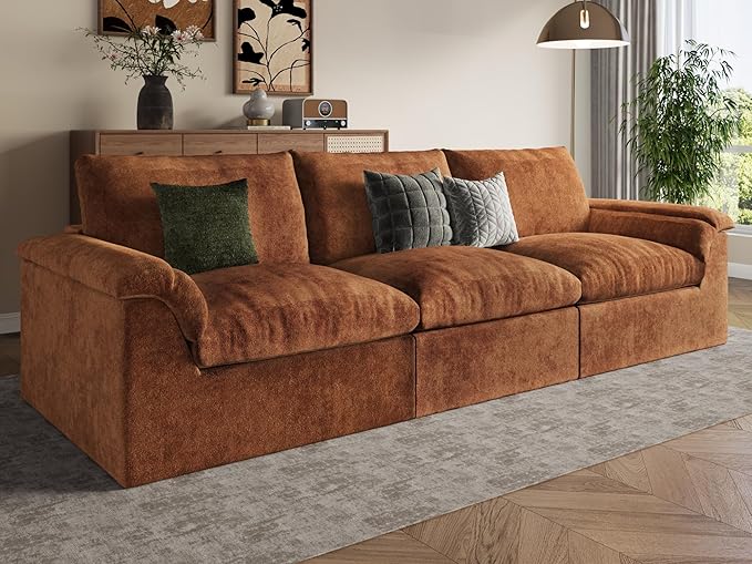EASE MOOSE Oversized Boneless Couch for Living Room, Sectional Cloud Sofa, Modular Cloud Couch, 3-Seater Deep Seat Sofas with Pillow for Bedroom, Apartment, No Assembly Required, Chenille (Brown)