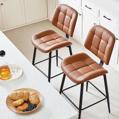 Mid Century Modern Bar Stools Set of 2 for Kitchen Island,Upholstered Brown Faux Leather Counter Height stools,26 Inch Counter stools with Walnut Grain Back