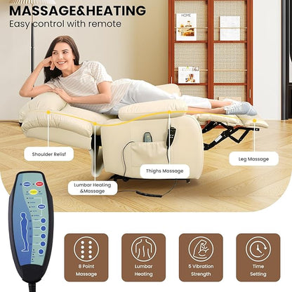 TEKAMON Power Lift Recliner Chair for Elderly with Heat & Massage, Dual Motor Breathable Leather Recliner, Lay Flat Sleeping Chairs with Infinite Position, RemoteControl(Beige, Extended)