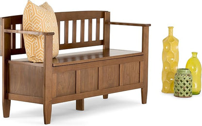 SIMPLIHOME Brooklyn Entryway Storage Bench - 48 inch Wide Solid Wood Storage Seat in Medium Saddle Brown, Contemporary Bench for Entryway or Living Room with Lift-Up Lid and Slatted Backrest