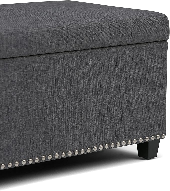 SIMPLIHOME Amelia 33 inch Wide Transitional Rectangle Storage Ottoman Bench in Slate Grey Linen Look Fabric, Assembled, For the Living Room, Entryway and Family Room