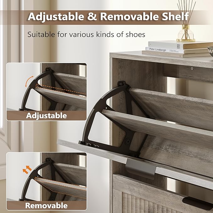 Shoe Cabinet for Entryway with 2 Flip Drawers, Slim Wooden Shoe Storage Organizer with Modern Fluted Pannel，Freestanding Narrow Hidden Shoe Rack for Hallway, Foyer, Living Room