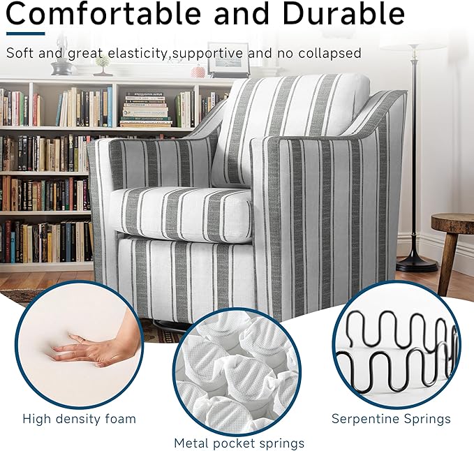 Pia Ricco 360° Swivel Accent Chair, Oversized Modern Striped Fabric Armchair with Removable Cover for Living Room and Reception