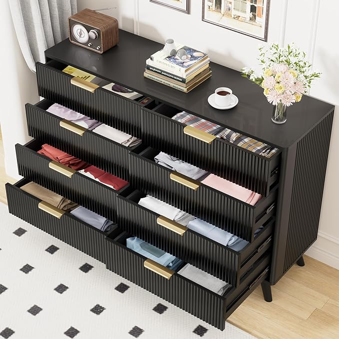 Black Fluted 8 Drawer Dresser for Bedroom, Chest of Drawers with Solid Wood Legs, Modern Dresser Chest Cabinet Organizer with Golden Handles, Beside Table for Closet,