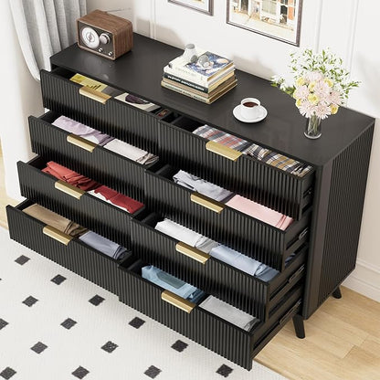 Black Fluted 8 Drawer Dresser for Bedroom, Chest of Drawers with Solid Wood Legs, Modern Dresser Chest Cabinet Organizer with Golden Handles, Beside Table for Closet,