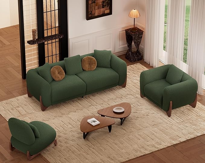 Morden Fort Sherpa Boucle Chair Single, Tilted Modern Wood Sofa Chair with Thick Cushion Comfortable Lumbar Pillow Armless Reading Accent Chairs Compatible with Sofa Set Couch for Living Room, Green