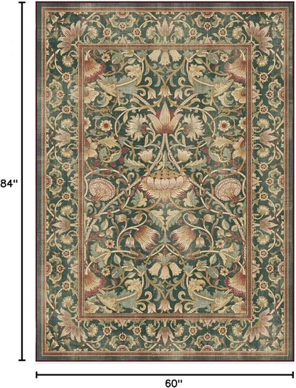 RUGGABLE x Morris & Co Machine Washable Area Rug – Lodden Soft Evergreen & Gold 5x7, Stain-Resistant, Non-Slip – Medium Rugs for Living Room, Bedroom, Hallway, Entryway & Office–with Standard Pad