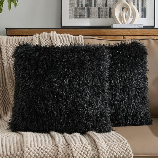 FUTEI Black Decorative Throw Pillow Covers 18x18 Inch Set of 2,Soft Cozy Faux Fine Wool Textured Cushion Case,Modern Home Luxury Decor for Couch Bed Living Room