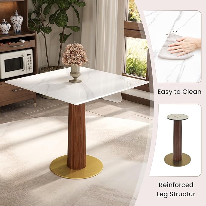 Sintered Stone Square Office Table - Meeting Desk for Small Offices (Dark Brown Leg and White Top, 1 Table Only)