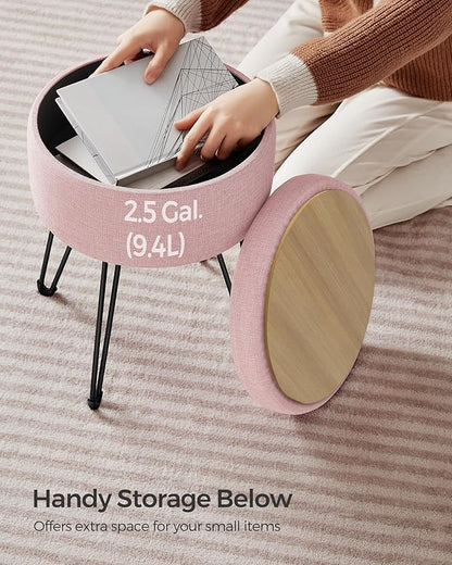 SONGMICS Vanity Stool Chair, Small Ottoman Stool with Storage, Vanity Chair, 15.4 Dia. x 17.4 Inches, 4 Metal Legs, for Makeup Room, for Living Room, Bedroom, Jelly Pink ULOM002R01