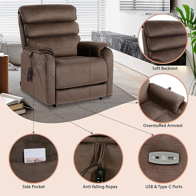 EONIX Dual Motor Lay Flat Power Lift Recliner Chair for Elderly, Chenille Fabric Electric Lift Chairs for Adults, 400lbs Heavy Duty Power Recliner with Heat Massage Charging Ports, Chenille Brown