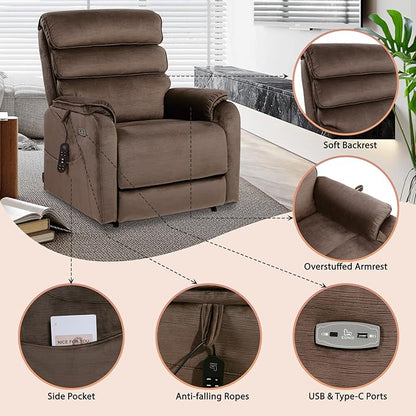EONIX Dual Motor Lay Flat Power Lift Recliner Chair for Elderly, Chenille Fabric Electric Lift Chairs for Adults, 400lbs Heavy Duty Power Recliner with Heat Massage Charging Ports, Chenille Brown