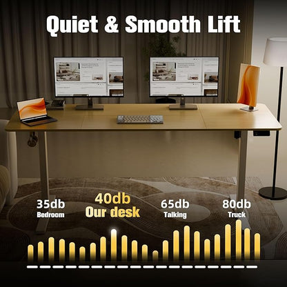 ERGOMAKER Electric Standing Desk, 67" x 23.6" Height Adjustable Sit Stand Desk with Splice Board for Home Office, Computer Desk Memory Preset (White Frame, Gold Oak Desktop)